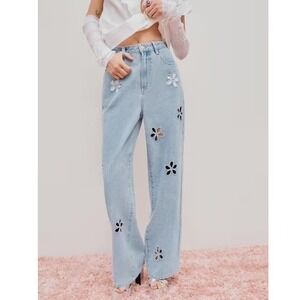 CIDER Wide Leg Jeans XL Light Wash Flower Cutout Y2K Denim